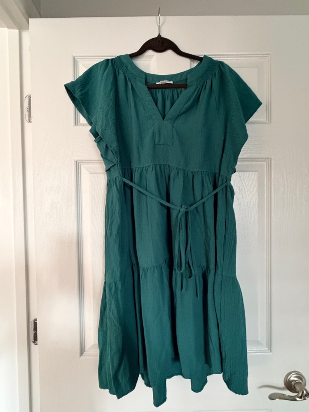 Calvin Klein Emerald Green Tiered V-Neck Dress with Waist Tie